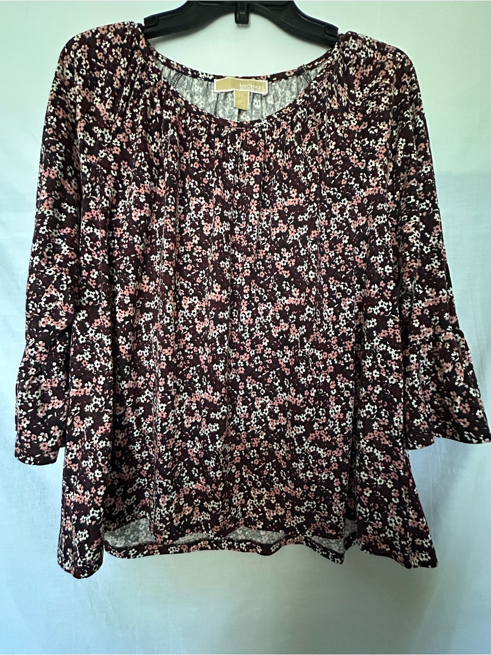 Michael Kors Floral Bell Sleeve Blouse Top Wine Pink Black - Size L